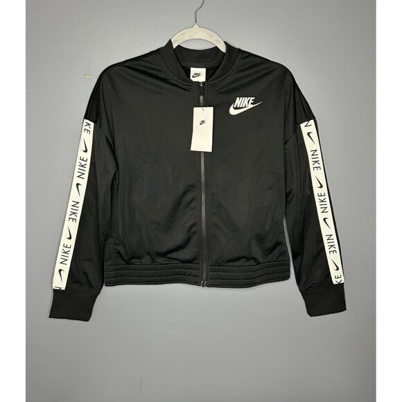 Nike Jacket Youth XL Black White Logo Swoosh Track Full Zip CU8374 Lightweight - Picture 1 of 12